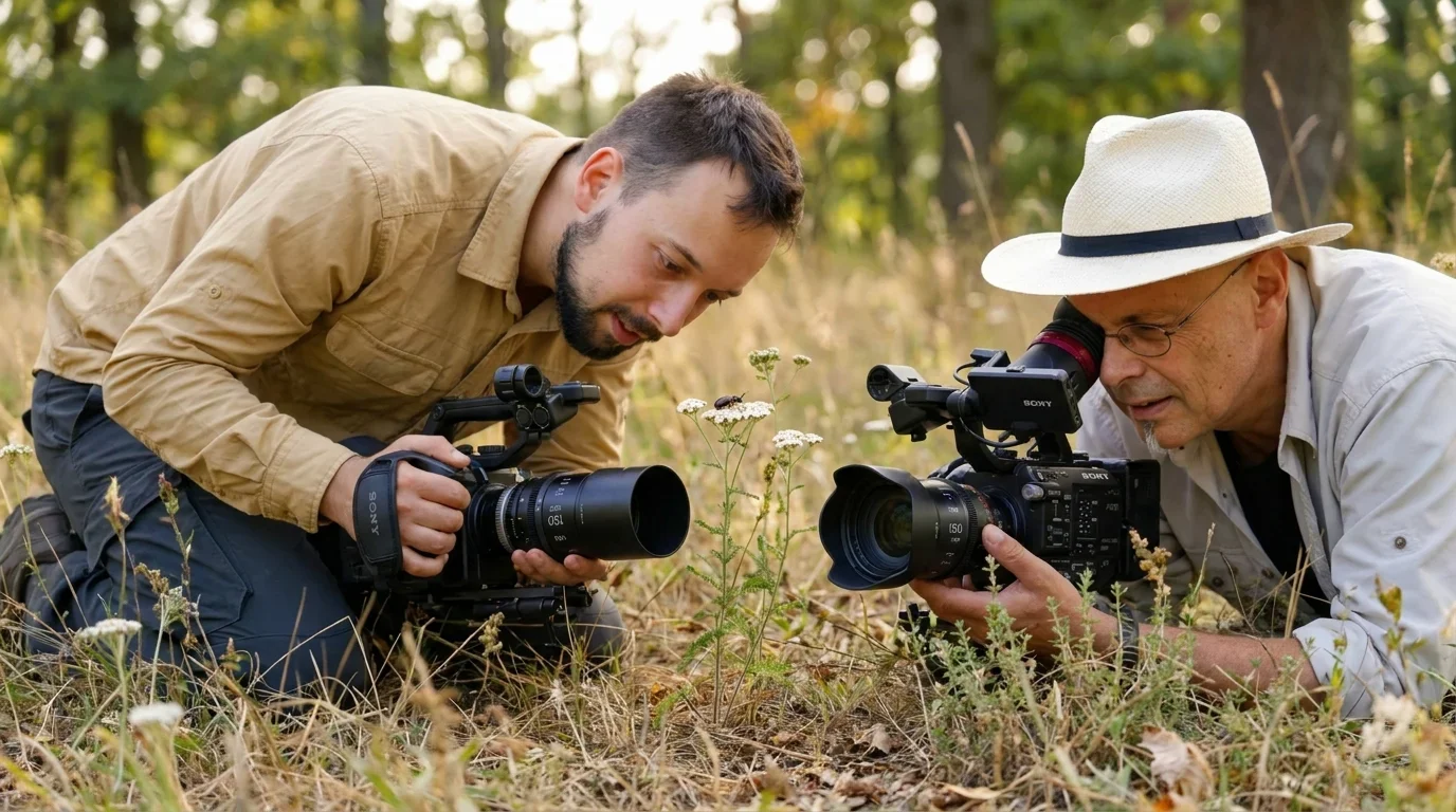 Luis und Ulf bei gemeinsamen Naturfilmaufnahmen auf einer Wiese
